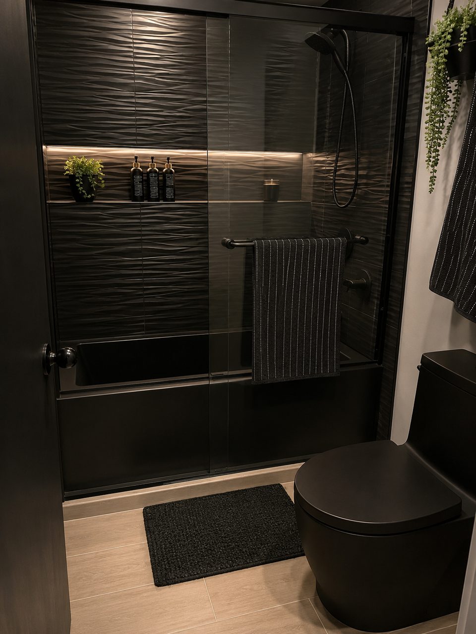 Finished bathroom with dark textured wave tile, a black soaking tub, matte black shower fixtures and a lit recessed niche
